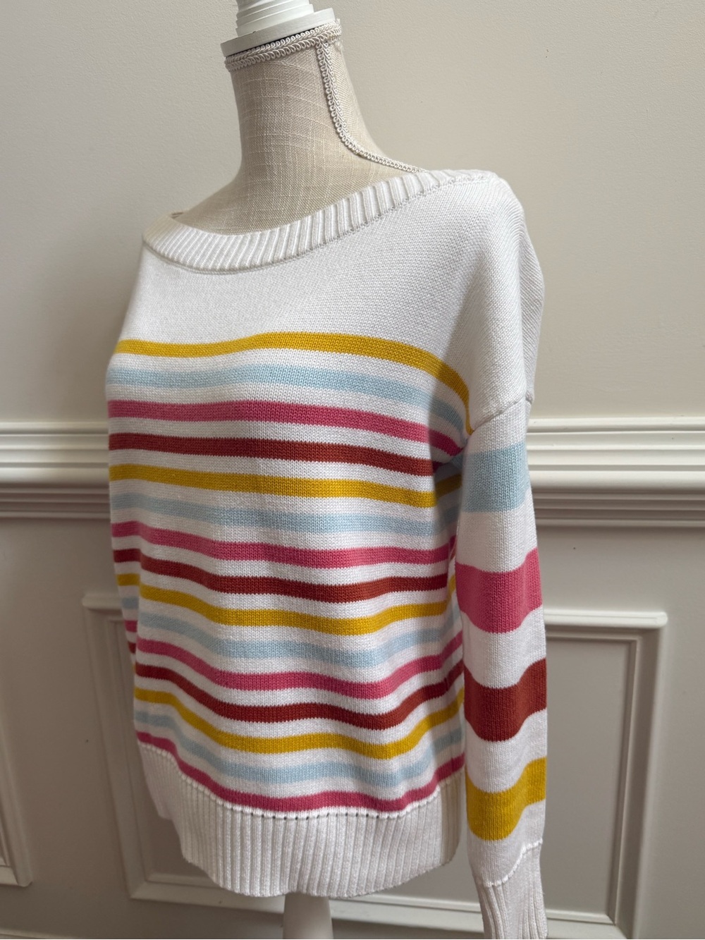 GAP Off-the-Shoulder Cream Sweater with Multicolor Stripes - Picture 4 of 9
